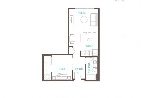 Floor plan for 1 bed, 1 bath, 609 sqft